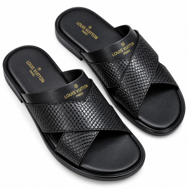 Imperial Cross-Strap Textured Slides – Black